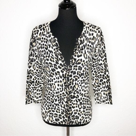 White House Black Market Sweaters - White House Black Market Animal Print Cardigan Size Large – Snap Front V-Neck